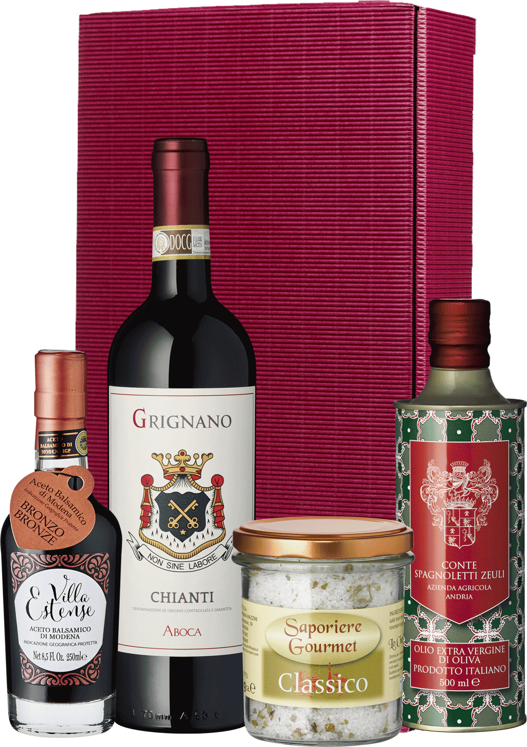 Schlaraffenland Präsent Geschenkset mit Chianti Rufina Wein, nativem Olivenöl extra, Balsamico di Modena und Gourmetsalz vor einer roten Box.