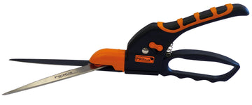 Die Rasenkanten-Schere verfügt über einen Federgriff und abgewinkelte Edelstahlklingen in Schwarz und Orange – ein ideales Multifunktionswerkzeug für präzises Trimmen im Garten.