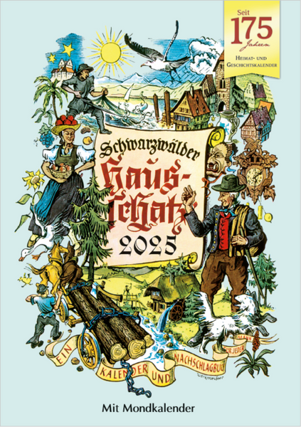 Der Schwarzwälder Hausschatz 2025 verfügt über einen farbenfrohen illustrierten Einband mit ländlichen und folkloristischen Szenen aus der schwäbisch-alemannischen Region zur Feier der Traditionellen Heimatfeste.