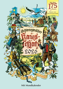 Farbenfroh illustrierter Umschlag für „Schwarzwälder Hausschatz 2026“ mit ländlichen und traditionellen Schwarzwaldszenen aus der schwäbisch-alemannischen Region, Veranstaltungshighlights und einem detaillierten Mondkalender.