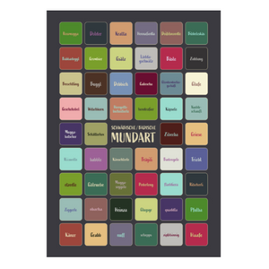 Das Mundart-Poster zeigt ein buntes Raster deutscher Dialektwörter auf weißem oder dunkelgrauem Hintergrund im Format 50 x 70 cm und ist damit ein lebendiges und einzigartiges Dekorationsstück.