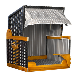 Strandkorb für Hunde, anthrazit: Wetterfester Wicker-Hundestrandkorb mit gestreiftem Stoffdach, Holzrahmen und ausklappbarem Seitentisch für rustikalen Komfort.