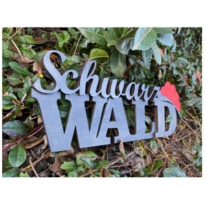 Der Schwarzwald-Schriftzug, ein Holzschild mit einem charmanten Bollenhut-Design und roten Details, liegt im Freien zwischen grünen Blättern und Pflanzen.