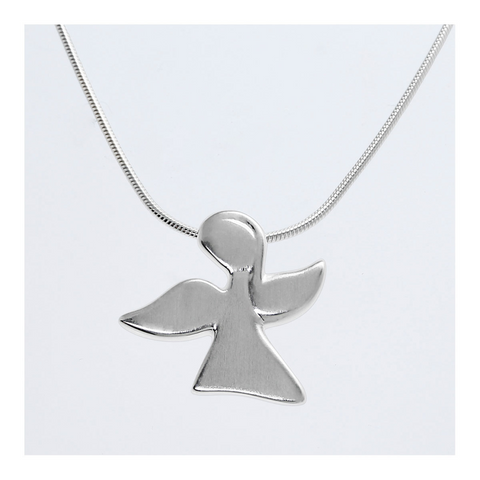 Schutzengel mit Kette aus 925er Silber in Engelsform, elegant präsentiert an einer feinen Kette vor weißem Hintergrund.