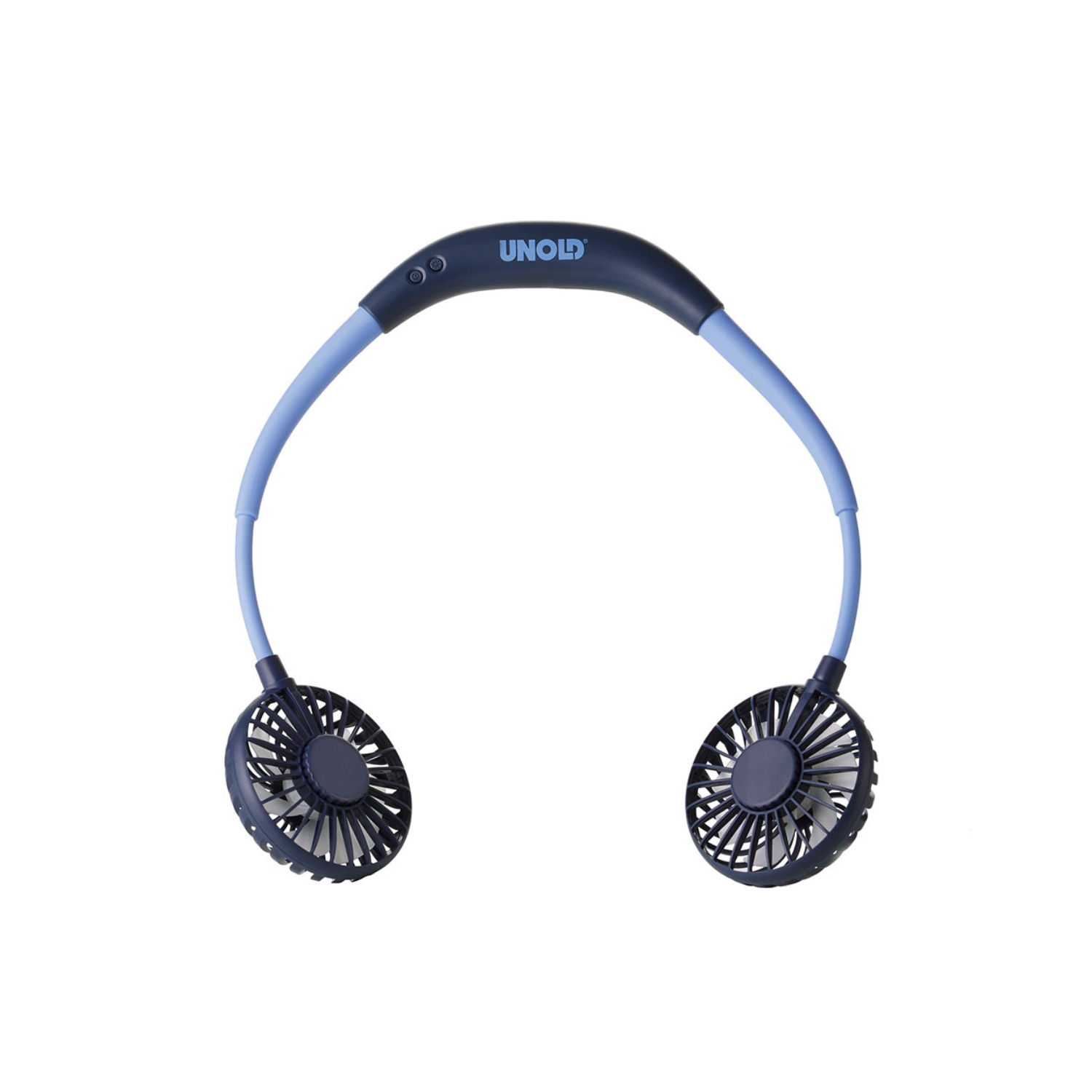 Der Nackenventilator Breezy verfügt über zwei kleine runde Ventilatoren, ein flexibles blaues Band, ein USB-Ladekabel, einstellbare Geschwindigkeitseinstellungen und ist für individuellen Kühlkomfort konzipiert.