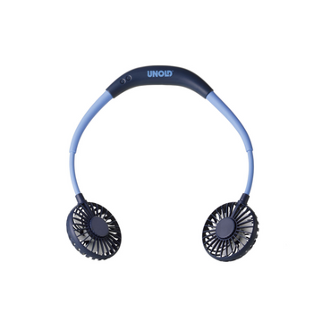 Der Nackenventilator Breezy verfügt über zwei kleine runde Ventilatoren, ein flexibles blaues Band, ein USB-Ladekabel, einstellbare Geschwindigkeitseinstellungen und ist für individuellen Kühlkomfort konzipiert.