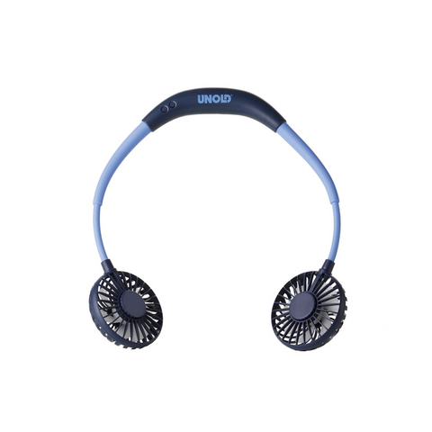 Der Nackenventilator Breezy verfügt über zwei kleine runde Ventilatoren, ein flexibles blaues Band, ein USB-Ladekabel, einstellbare Geschwindigkeitseinstellungen und ist für individuellen Kühlkomfort konzipiert.