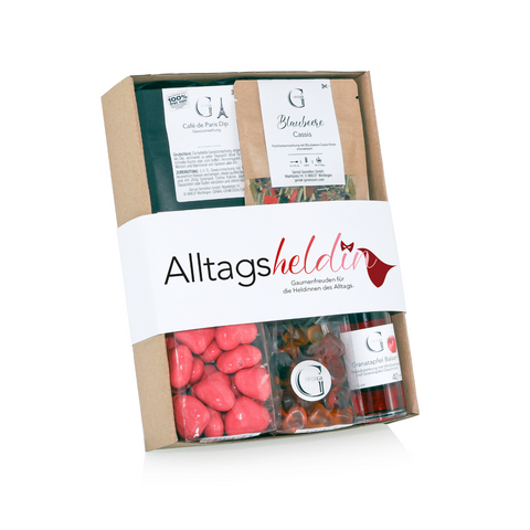 Feinkost-Geschenk-Set mit Banderole mit Aufschrift Alltagsheldin