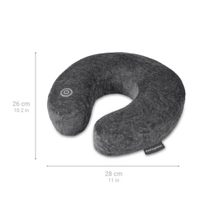 Das Reise-Nacken-Massagekissen in Grau, U-Form (26 x 28 cm) mit Power-Button-Symbol bietet angenehme Vibrationsmassage für optimale Muskelentspannung.
