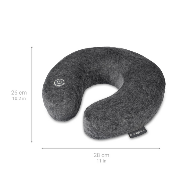 Das Reise-Nacken-Massagekissen in Grau, U-Form (26 x 28 cm) mit Power-Button-Symbol bietet angenehme Vibrationsmassage für optimale Muskelentspannung.