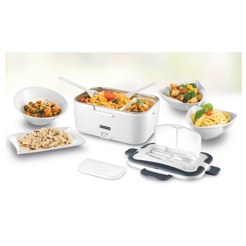 Lunchbox mit Wärmefunktion aus Edelstahl mit Fächern und Besteck – ideal für eine bewusste Ernährung. Perfekt für warme Gerichte wie Reis, Pasta und Gemüse unterwegs.