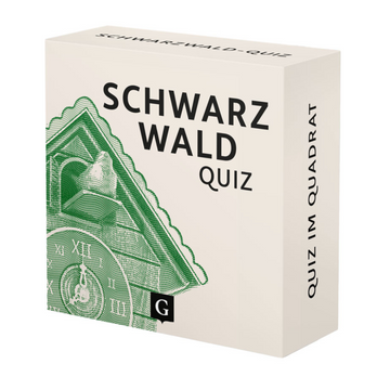 Die Schwarzwald-Quiz-Box zeigt auf der Vorderseite eine grüne Illustration einer Kuckucksuhr.