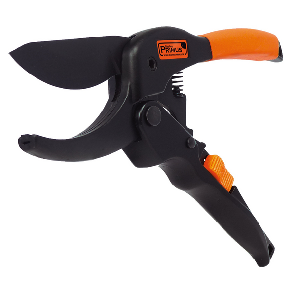 Die schwarz-orangefarbene PowerGleit Gartenschere verfügt über eine scharfe Klinge und einen ergonomischen Griff, ideal für GehöIz- und Baumschnitt mit mühelosem Schneiden.