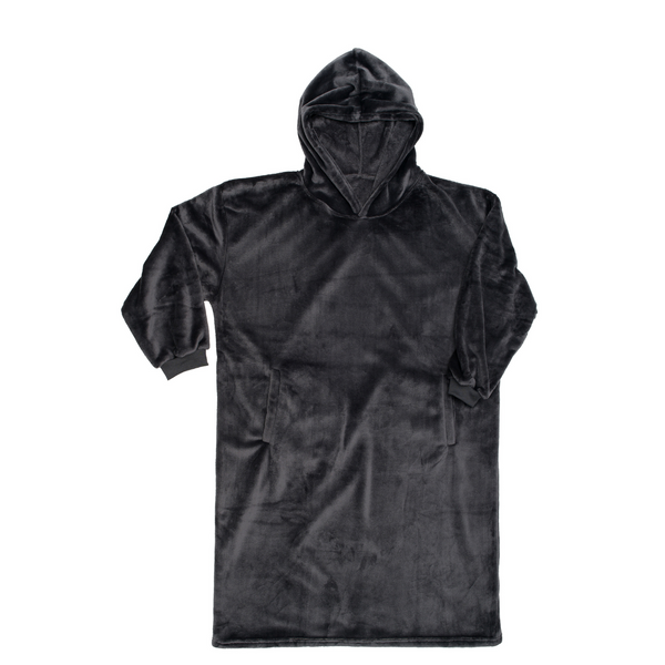 Ein schwarzer Hoodie mit Kapuze aus Mikrofaser, mit langen Ärmeln und in Universalgröße, liegt flach auf weißem Hintergrund.