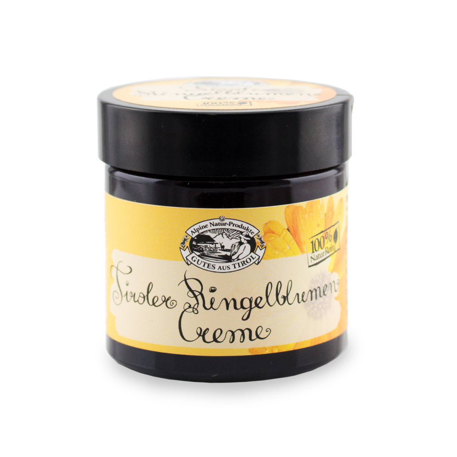 Ein dunkler Tiegel mit der Aufschrift „Ringelblumen Creme“ mit gelbem Etikett und Blumenillustration, ideal für glatte Haut und zur Unterstützung der natürlichen Hautregeneration.