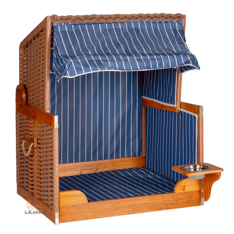 Strandkorb für Hunde, blau: Hundestrandkorb mit blau-weiß gestreiftem Dach, witterungs- und UV-beständigem PE-Geflecht, bequemen Polstern und kleinem seitlichen Tisch mit Metallschale.