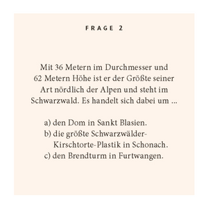 Schwarzwald-Quiz: Testen Sie Ihr Wissen über den Schwarzwald mit deutschen Multiple-Choice-Fragen zu ikonischen Stätten und Traditionen wie Kuckucksuhren.