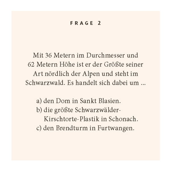 Schwarzwald-Quiz: Testen Sie Ihr Wissen über den Schwarzwald mit deutschen Multiple-Choice-Fragen zu ikonischen Stätten und Traditionen wie Kuckucksuhren.