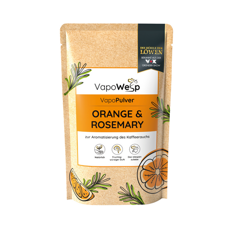 Ein brauner Beutel mit der Aufschrift „VapoWesp Kräutermischungen in Orange & Rosmarin“ und Orangen- und Rosmarin-Illustrationen, ideal zur natürlichen Wespenabwehr – perfekt passend zur VapoWesp Räucherbox.