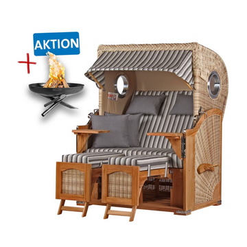 Strandkorb DÜNE Design grau gestreift inkl. Feuerschale gratis – stilvolle Outdoor-Möbel mit bequemen Kissen und Fußstützen, langlebig dank Teak-Holz, jetzt mit AKTION-Label!.