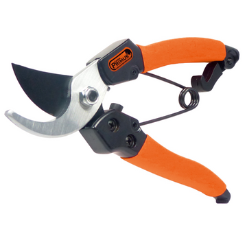 Die Damen Garten-Schere verfügt über einen orangefarbenen Griff, eine scharfe, gebogene Klinge und eine robuste Metallfeder – ideal für präzise Schnittarbeiten.