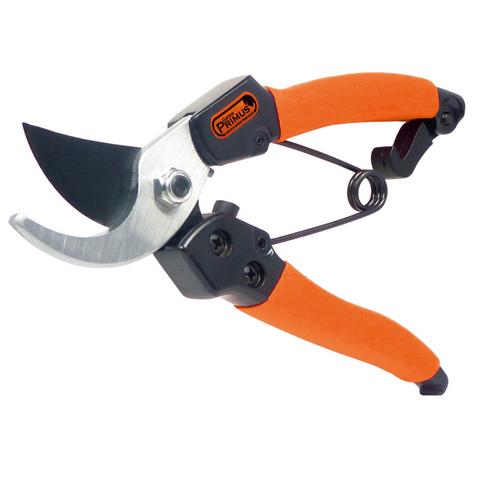 Die Damen Garten-Schere verfügt über einen orangefarbenen Griff, eine scharfe, gebogene Klinge und eine robuste Metallfeder – ideal für präzise Schnittarbeiten.