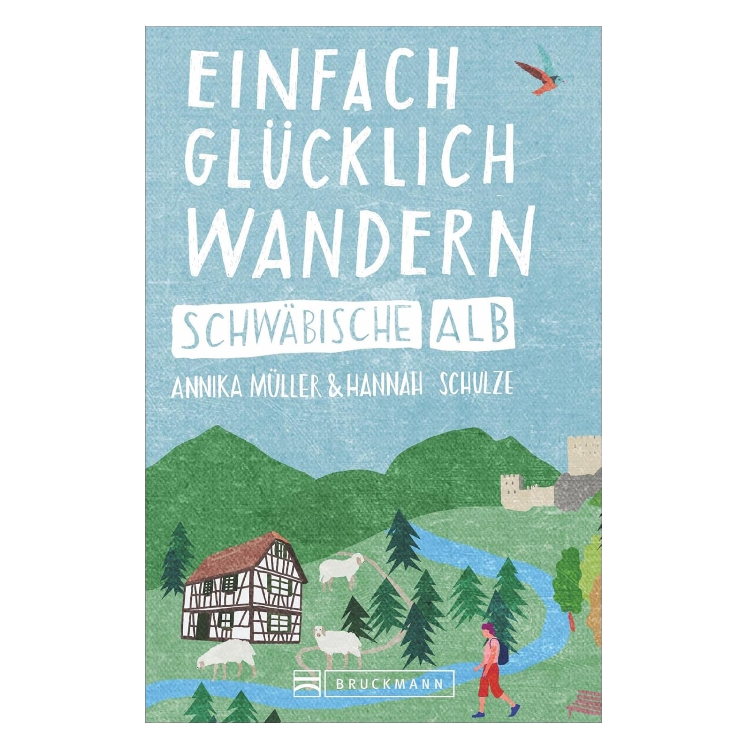 Das Buchcover von „Einfach glücklich wandern – Schwäbische Alb“ zeigt illustrierte Hügel, Bäume, Menschen und Häuser – ideal für Genusswanderungen auf der Schwäbischen Alb und im malerischen Donautal.