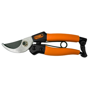 Die Damen Garten-Schere verfügt über orangefarbene Griffe, eine gebogene Klinge und einen Sicherheitsriegel für sicheres Beschneiden.
