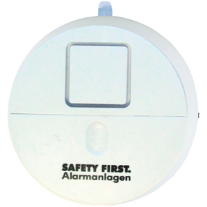 Weißes, rundes Glasbruchalarm-2er-Set mit quadratischem Knopf und dem Schriftzug „SAFETY FIRST. Alarmanlagen“ auf der Vorderseite. Mit lautem Alarm für sofortige Warnung, kann mit Fensteraufklebern für zusätzlichen Schutz kombiniert werden.