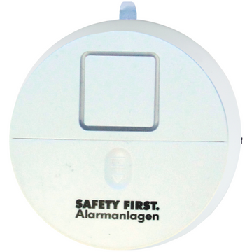 Weißes, rundes Glasbruchalarm-2er-Set mit quadratischem Knopf und dem Schriftzug „SAFETY FIRST. Alarmanlagen“ auf der Vorderseite. Mit lautem Alarm für sofortige Warnung, kann mit Fensteraufklebern für zusätzlichen Schutz kombiniert werden.