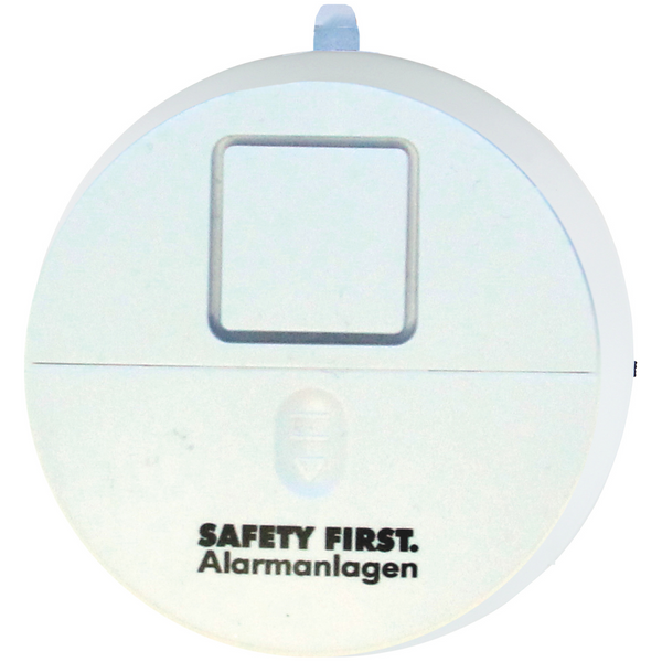 Weißes, rundes Glasbruchalarm-2er-Set mit quadratischem Knopf und dem Schriftzug „SAFETY FIRST. Alarmanlagen“ auf der Vorderseite. Mit lautem Alarm für sofortige Warnung, kann mit Fensteraufklebern für zusätzlichen Schutz kombiniert werden.