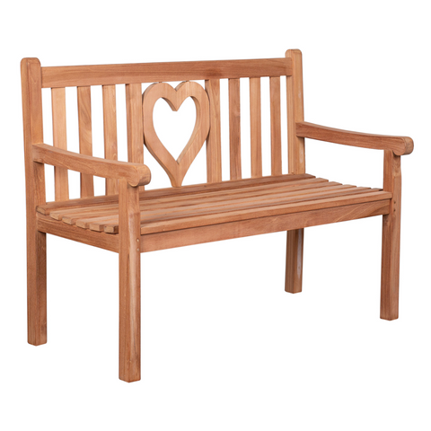 Motivbänke Teak: Holzbank mit senkrechten Latten und herzförmiger Aussparung, gefertigt aus naturbelassenem Massivholz – eine ideale Ergänzung für Ihre Outdoor-Möbelsammlung.