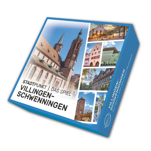 Das Spiel STADTPUNKT Villingen-Schwenningen auf weißem Hintergrund. Die Verpackung zeigt verschiedene Sehenswürdigkeiten aus Villingen-Schwenningen