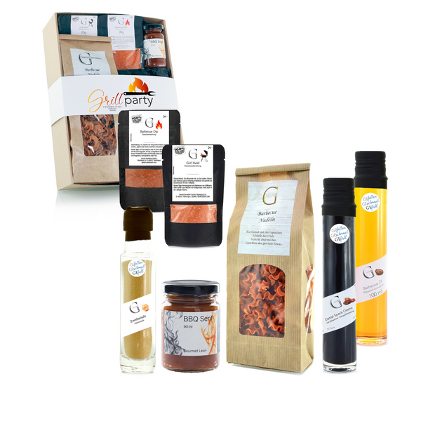 Das Geschenk-Set Grillparty enthält BBQ-Spezialitäten wie Gewürze, Saucen, Pasta und Öle in Flaschen, Gläsern und Tütchen – ideal für Genießer!.