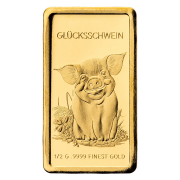 Das Goldplättchen zeigt ein lächelndes Schwein, ein Kleeblatt und darüber die Aufschrift GLÜCKSSCHWEIN – und ist damit eine großartige Wahl für Sammler und Goldanleger gleichermaßen.