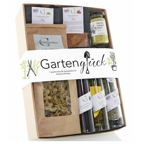 Geschenk-Set Hobby: Gartenglück – diese Geschenkbox enthält Kräuter, Nudeln, Saucen und Gourmet-Lebensmittel in einem übersichtlichen Schaufenster. Ideal für Gartenfreunde.