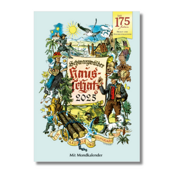 Der Schwarzwälder Hausschatz 2025 verfügt über einen farbenfrohen illustrierten Einband mit ländlichen und folkloristischen Szenen aus der schwäbisch-alemannischen Region zur Feier der Traditionellen Heimatfeste.