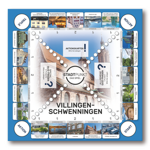 Es wird das Spielbrett des Spiels STADTPUNKT Villingen-SChwenningen gezeigt. 