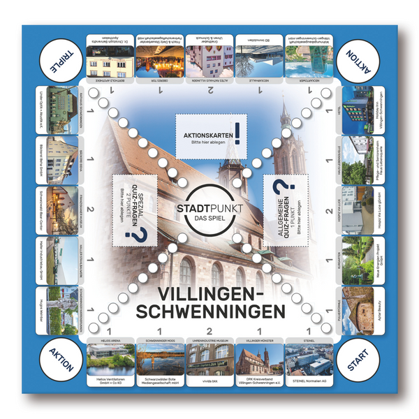 Es wird das Spielbrett des Spiels STADTPUNKT Villingen-SChwenningen gezeigt. 