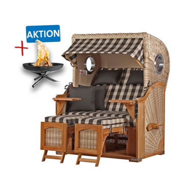 Strandkorb DÜNE Design grau kariert inkl. Feuerschale gratis – stilvolles Outdoor-Möbel aus langlebigem Teak-Holz mit verstellbarem Sonnendach und karierten Polstern für Ihr perfektes Küsten-Feeling.