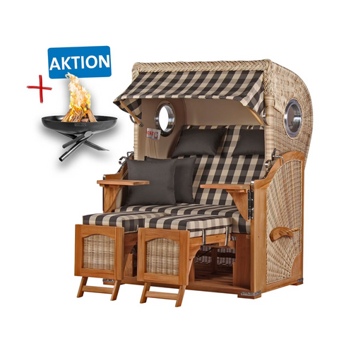 Strandkorb DÜNE Design grau kariert inkl. Feuerschale gratis – stilvolles Outdoor-Möbel aus langlebigem Teak-Holz mit verstellbarem Sonnendach und karierten Polstern für Ihr perfektes Küsten-Feeling.