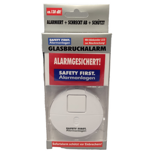Verpackung für ein Glasbruchalarm-2er-Set mit lautem Alarm und rot-blauem deutschen Warntext. Inklusive Fensteraufkleber zur einfachen Montage.