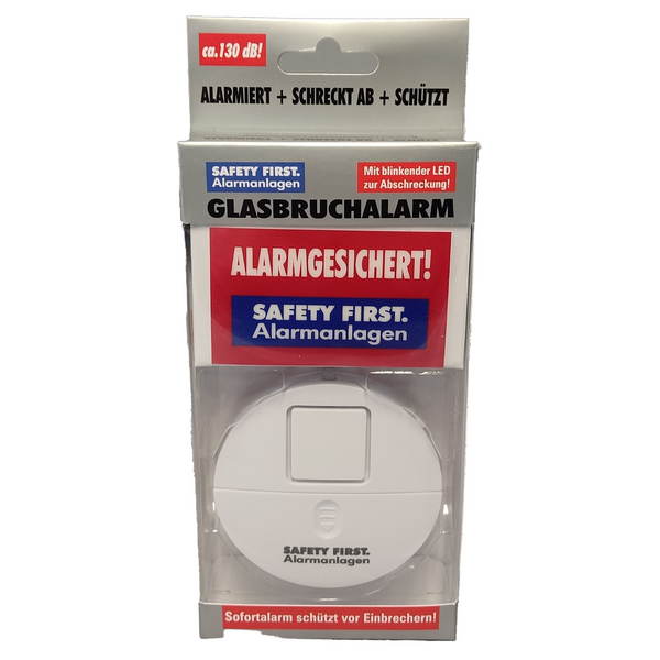 Verpackung für ein Glasbruchalarm-2er-Set mit lautem Alarm und rot-blauem deutschen Warntext. Inklusive Fensteraufkleber zur einfachen Montage.