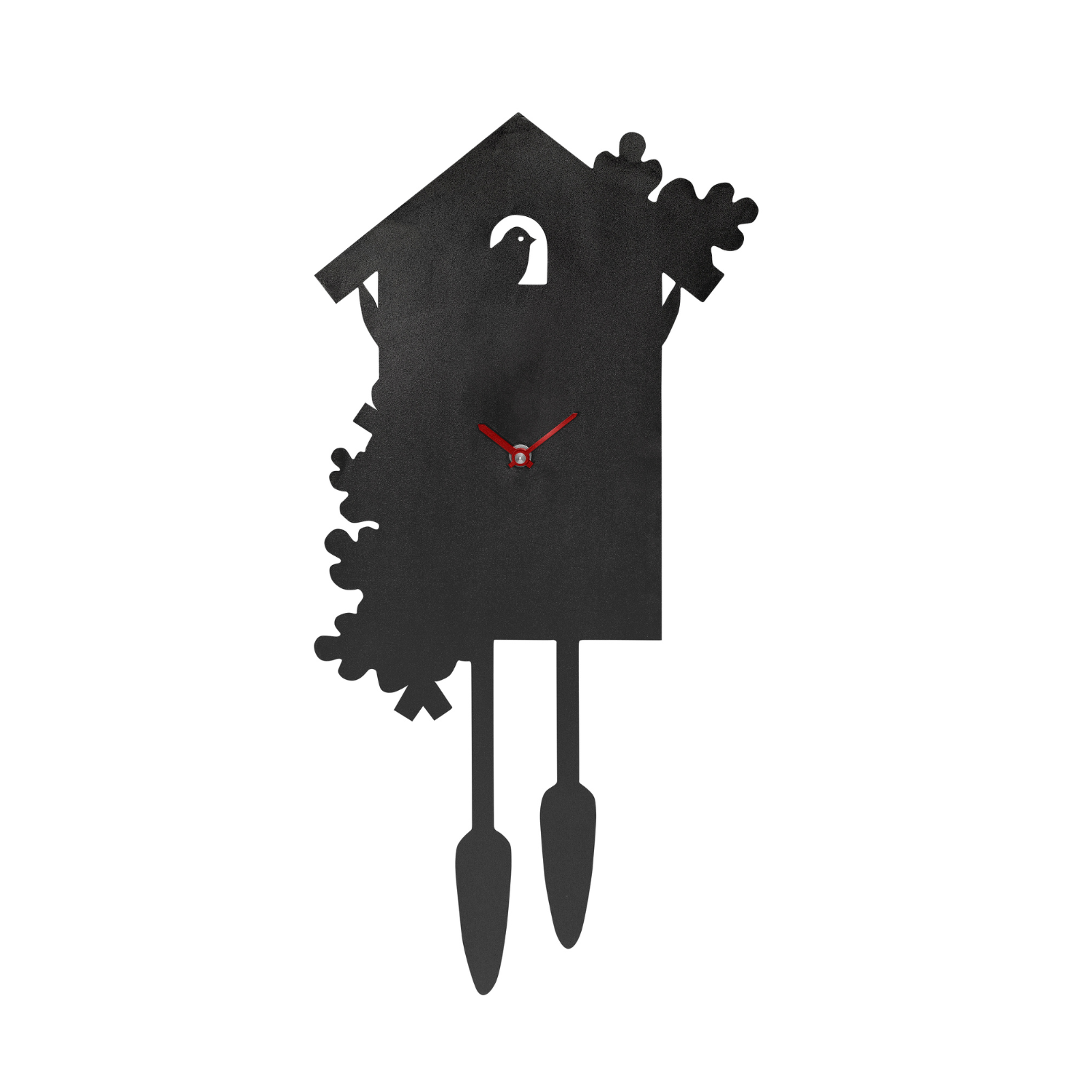 Die Wanduhr Jubi Kuckucksuhr ist eine moderne schwarze Wanduhr in Form eines Vogelhauses mit kleinem Vogel und roten Zeigern auf weißem Hintergrund – zeitloses Design und hochwertige Verarbeitung.