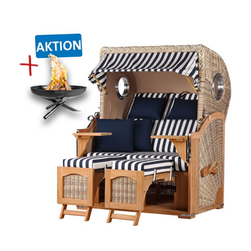 Strandkorb DÜNE Design blau-weiß gestreift inkl. Gratis Feuerschale – Aktion! Bequemer Outdoor-Sessel mit Streifenpolstern, perfekt zum Entspannen am Meer.