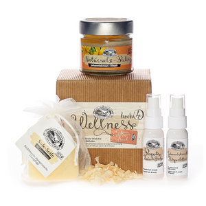 Wellness Hoch 4 ist ein Set von Alpine Wellness naturreine Produkte bestehend aus Sprays, Sole-Seife, einem Tiegel und einer Box mit Holzspänen.