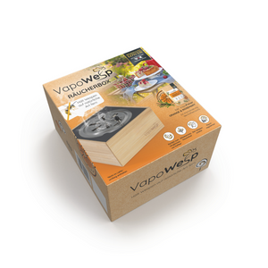 Die VapoWesp Räucherbox ist eine braune Schachtel mit Abbildungen von Lebensmitteln und dem Produkt auf der Verpackung – ein natürliches Insektenschutzmittel, ideal, um Wespen bei Mahlzeiten im Freien fernzuhalten.