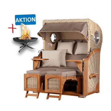 Strandkorb DÜNE Design taupe-creme mit Kissen, Fuß- & Armlehnen – jetzt inkl. Feuerschale gratis als perfektes Outdoor-Möbel Angebot!.