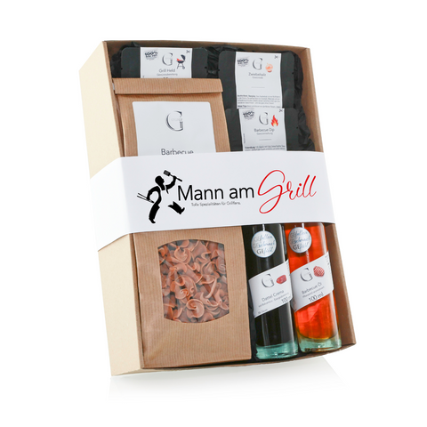 Geschenk-Set Mann am Grill: Geschenkbox mit hochwertigen Grill-Saucen, Pasta und Gewürzen – das ideale Grill-Geschenk für echten Genuss!.