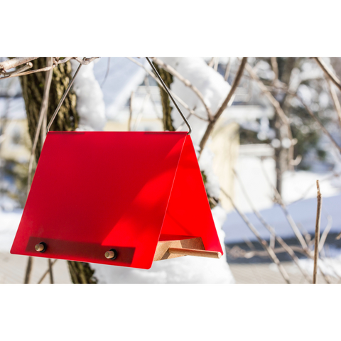 Ein rotes Vogelfutterhaus mit Edelstahlbügel hängt an einem verschneiten Ast unter einem strahlenden Winterhimmel.